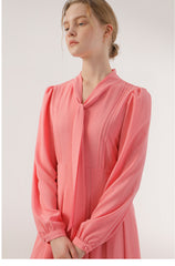 Soft Crepe Midi Dress with Tie Neckline and Pleated Skirt