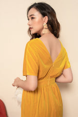 Soft velvet midi dress with V-neckline, short sleeves, and defined waistband for elegant shaping