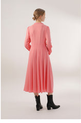 Soft Crepe Midi Dress with Tie Neckline and Pleated Skirt