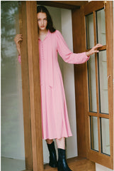 Soft Crepe Midi Dress with Tie Neckline and Pleated Skirt