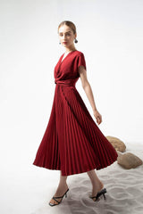 Silk Midi Dress with Pleated Skirt, V-Neck Twist Bodice and Cap Sleeves for Elegant Styling