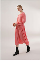 Soft Crepe Midi Dress with Tie Neckline and Pleated Skirt