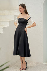 Off-Shoulder Silk Organza Midi Dress with Pleated Puff Sleeves and Fitted Waistline