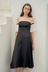 Off-Shoulder Silk Organza Midi Dress with Pleated Puff Sleeves and Fitted Waistline