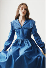 Pleated Linen Midi Dress with Frilled Sailor Collar