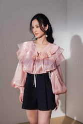 Silk blouse with layered ruffle collar, balloon sleeves and tie-front neckline detail