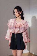 Silk blouse with layered ruffle collar, balloon sleeves and tie-front neckline detail