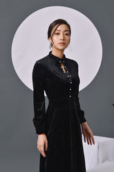 Velvet midi dress with pearl button placket and mandarin collar for evening wear