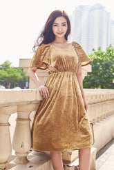 Velvet midi dress with flutter sleeves and ruched waist for graceful everyday elegance