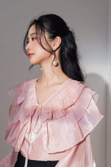 Silk blouse with layered ruffle collar, balloon sleeves and tie-front neckline detail