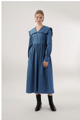 Pleated Linen Midi Dress with Frilled Sailor Collar