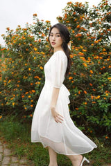 Organza midi dress with puff sleeves and layered sheer skirt