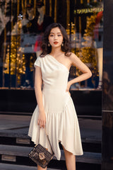 Asymmetric One-Shoulder Silk Dress with Draped Skirt and Fluid Handkerchief Hemline
