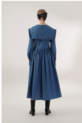 Pleated Linen Midi Dress with Frilled Sailor Collar