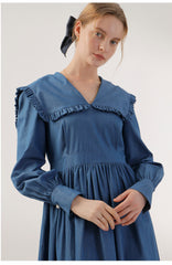 Pleated Linen Midi Dress with Frilled Sailor Collar
