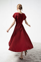 Silk Midi Dress with Pleated Skirt, V-Neck Twist Bodice and Cap Sleeves for Elegant Styling