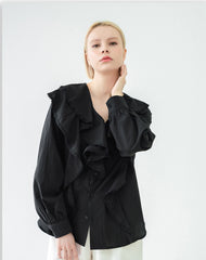 Romantic Linen Blouse with Ruffle Detailing and Flowing Sleeves for Effortless Feminine Elegance