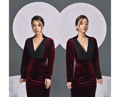 Velvet Bodycon Dress with Draped Deep V-Neckline and Long Sleeves for Evening Elegance