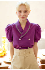 Elegant Linen Short-Sleeve Shirt with Double-Breasted Detail and Tailored Silhouette