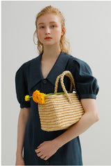 Tailored Linen Midi Dress with Puff Sleeves and Wide Collar