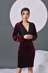 Velvet Bodycon Dress with Draped Deep V-Neckline and Long Sleeves for Evening Elegance