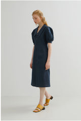 Tailored Linen Midi Dress with Puff Sleeves and Wide Collar