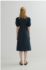 Tailored Linen Midi Dress with Puff Sleeves and Wide Collar