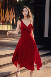 Silk Draped Midi Dress with Off-Shoulder Detail and Thigh-High Front Slit