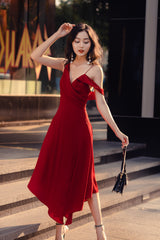 Silk Draped Midi Dress with Off-Shoulder Detail and Thigh-High Front Slit