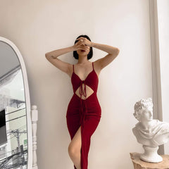 Cotton bodycon dress with cut-out waist, ruched detailing and adjustable front tie