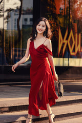 Silk Draped Midi Dress with Off-Shoulder Detail and Thigh-High Front Slit