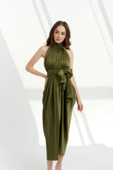 Silk halter-neck midi dress with high neckline, waist tie and soft gathered pleats