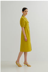 Linen Midi Dress with Puff Sleeves and Wide Collar