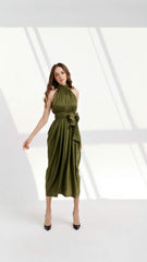 Silk halter-neck midi dress with high neckline, waist tie and soft gathered pleats