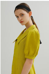 Linen Midi Dress with Puff Sleeves and Wide Collar