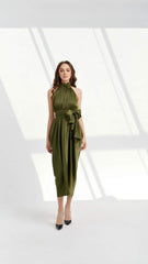 Silk halter-neck midi dress with high neckline, waist tie and soft gathered pleats