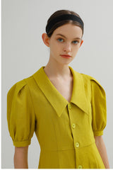 Linen Midi Dress with Puff Sleeves and Wide Collar