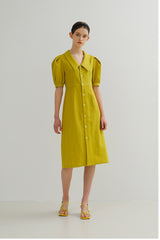 Linen Midi Dress with Puff Sleeves and Wide Collar