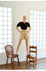 Puff Sleeve Button-Front Linen Top with Soft Collar Detail