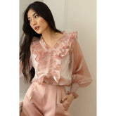 Ruffle Detail Silk Blouse with Long Sleeves and Shirred Cuffs for Elegant Occasions