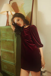 Velvet mini dress with ruched sleeve detail and back button closure for evening elegance
