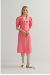 Linen Button-Front Midi Dress with Puff Sleeves and Wide Collar