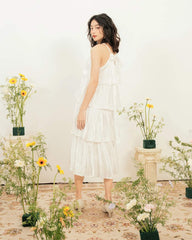 Tiered midi dress in lightweight organza with halter neckline and soft ruffle detailing