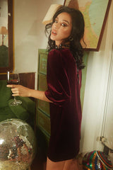 Velvet mini dress with ruched sleeve detail and back button closure for evening elegance