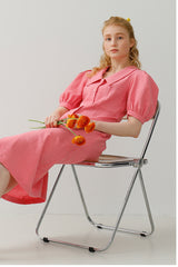 Linen Button-Front Midi Dress with Puff Sleeves and Wide Collar