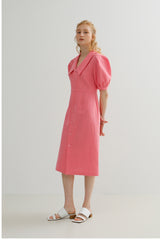 Linen Button-Front Midi Dress with Puff Sleeves and Wide Collar