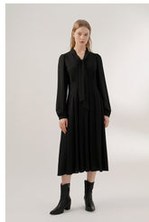 Long Sleeve Midi Dress in Flowing Crepe with Neck Tie Detail