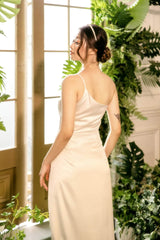 One-Shoulder Draped Silk Dress with Thigh-High Slit and Asymmetric Neckline