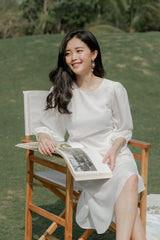 Sheer sleeve organza midi dress with soft drape and asymmetrical hemline for effortless elegance