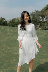 Sheer sleeve organza midi dress with soft drape and asymmetrical hemline for effortless elegance